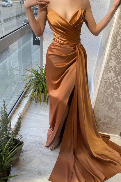 Brown Sweetheart Sleeveless Mermaid Prom Dress Split With Ruffles ED0120