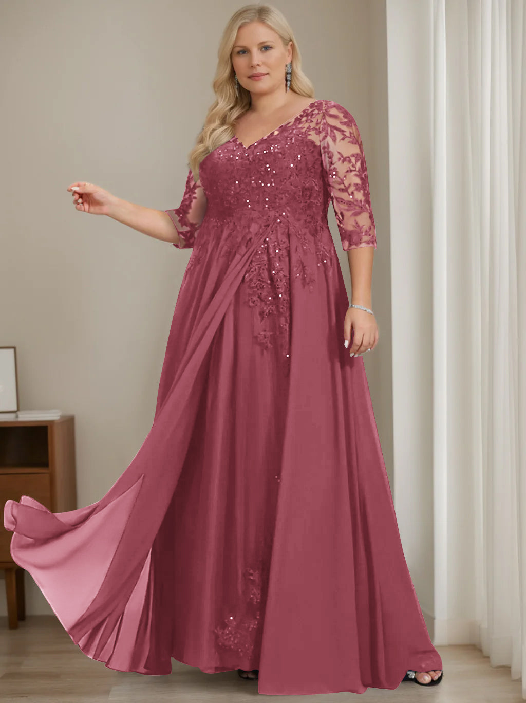 A-Line/Princess V-Neck Half Sleeves Floor-Length Plus Size Mother of the Bride Dresses with Sequins