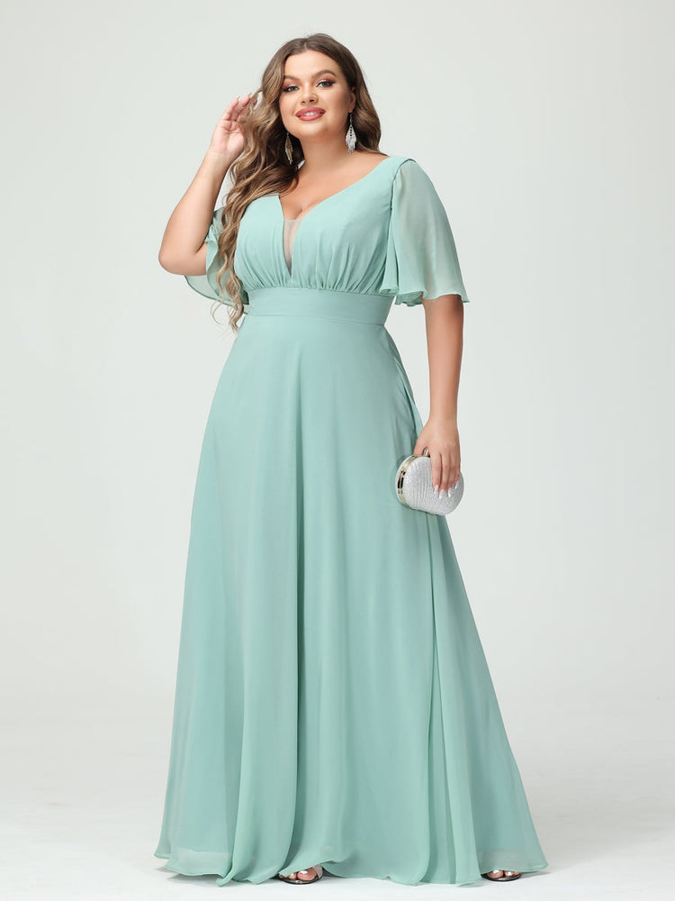 A-Line/Princess V-Neck Half Sleeves Chiffon Plus Size Bridesmaid Dresses with Pockets