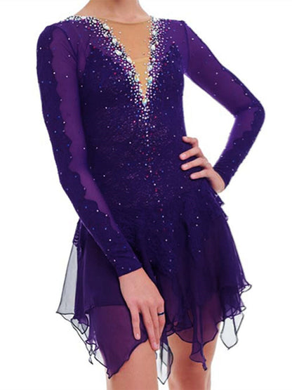 Figure Skating Dress Women's Girls' Ice Mesh Spandex High Elasticity Crystal/Rhinestone Long Sleeve Ice Skating Dress