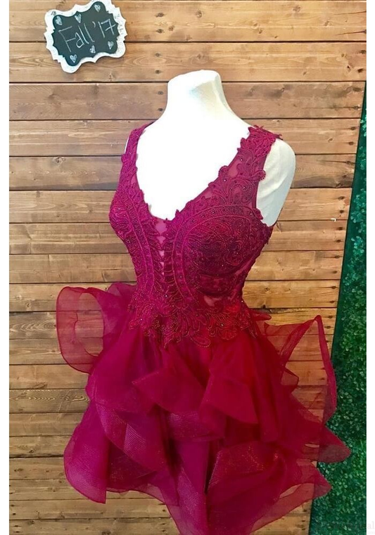 Organza Homecoming Dress,Lace Homecoming Dresses,Short Party Dresses,Lace Homecoming Dresses,V Neck Prom Dresses,Burgundy Homecoming Dresses gh874