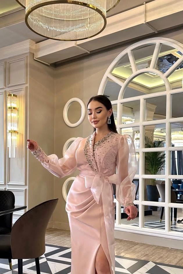 edgynewlook Charming Blushing Pink Satin Puff Long Sleeves V Neck Prom Dress with Beadings