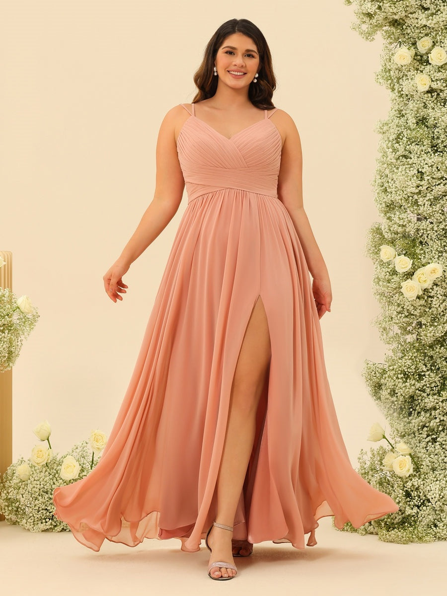 A-Line/Princess Floor-Length Spaghetti Straps Ruffles Plus Size Bridesmaid Dresses