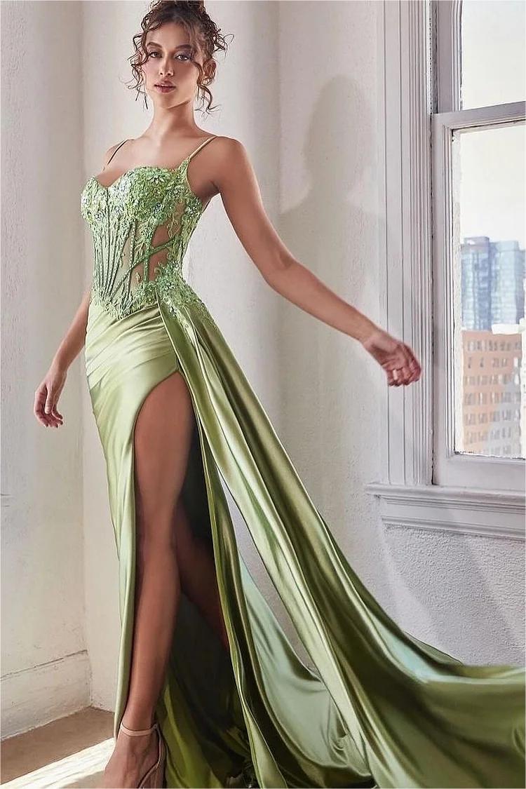 edgynewlook Charming Sweetheart Sleeveless Spaghetti Strap Pleated Long Prom Dress with Split