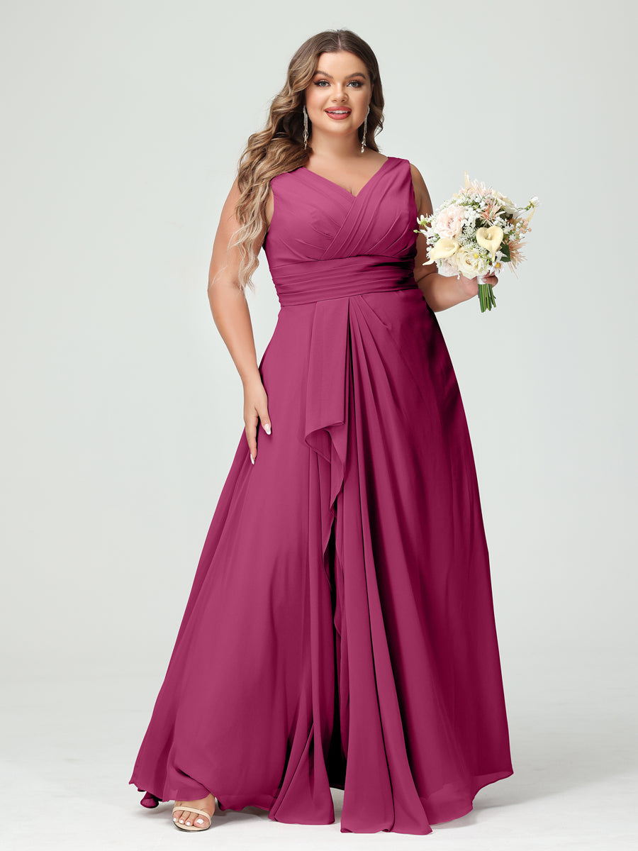 A-Line/Princess V-Neck Sleeveless Chiffon Ruffles Plus Size Bridesmaid Dresses with Pockets & Ruffles