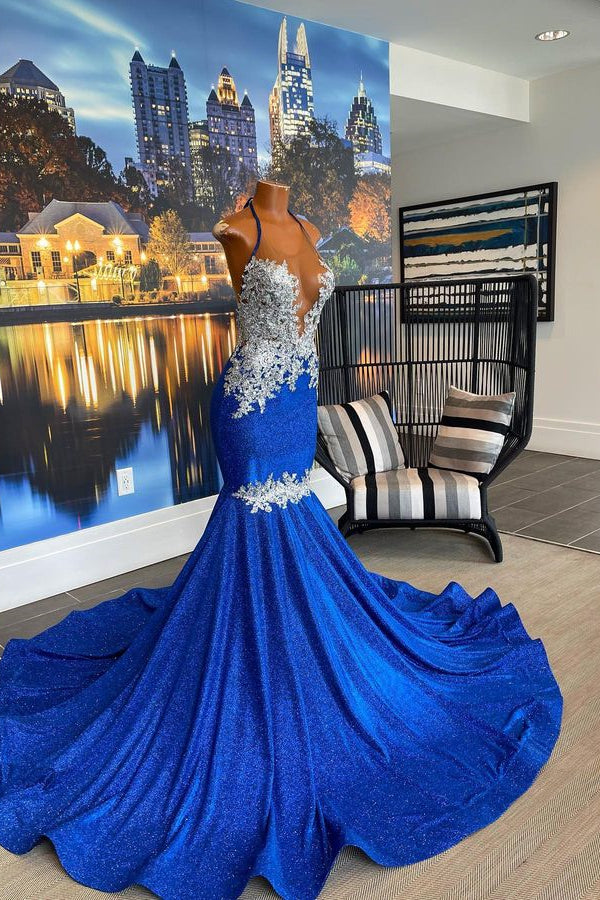 edgynewlook Halter Beautiful Royal Blue Mermaid Prom Dress With Appliques