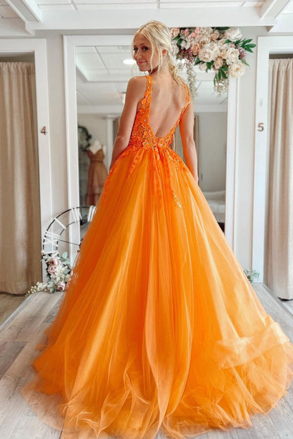 Marigold |A-Line V-Neck Long Tulle Prom Dress with Appliques