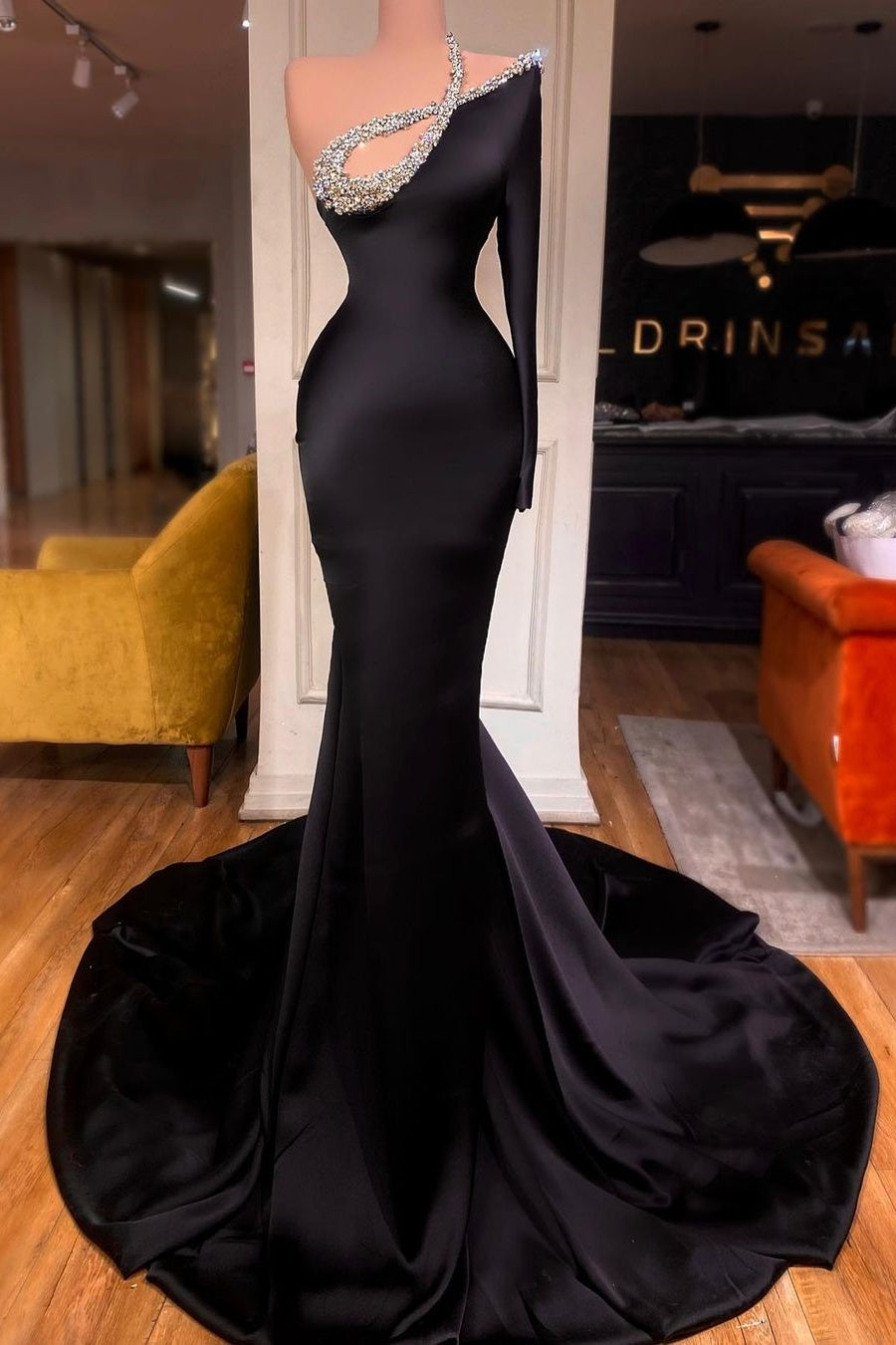 Black One Shoulder Prom Dress Mermaid With Beads YH0011