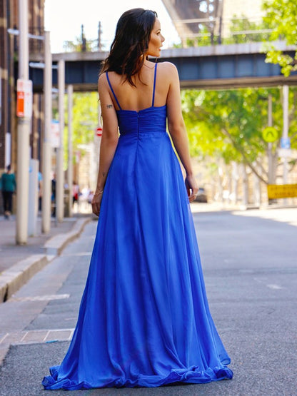 Royal Blue V-Neck Prom Dress With Slit PD0215