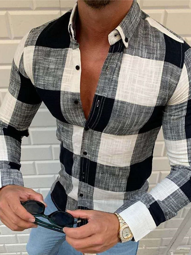 Men's Casual Cotton Blend Long Sleeves Plaid Color Block Shirt