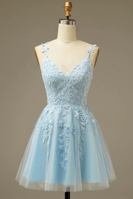 Light Blue Appliques A-line Short Homecoming Dress gh1194