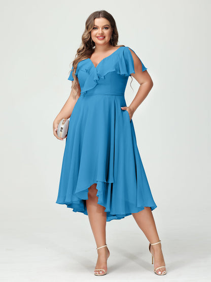 A-Line/Princess V-Neck Short Sleeves Chiffon High-Low Plus Size Bridesmaid Dresses with Pockets & Ruffles