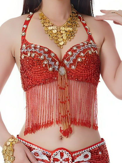 Sexy Belly Dancewear Halter Sequins Tassel Sleeveless Bra with Rhinestone & Beading