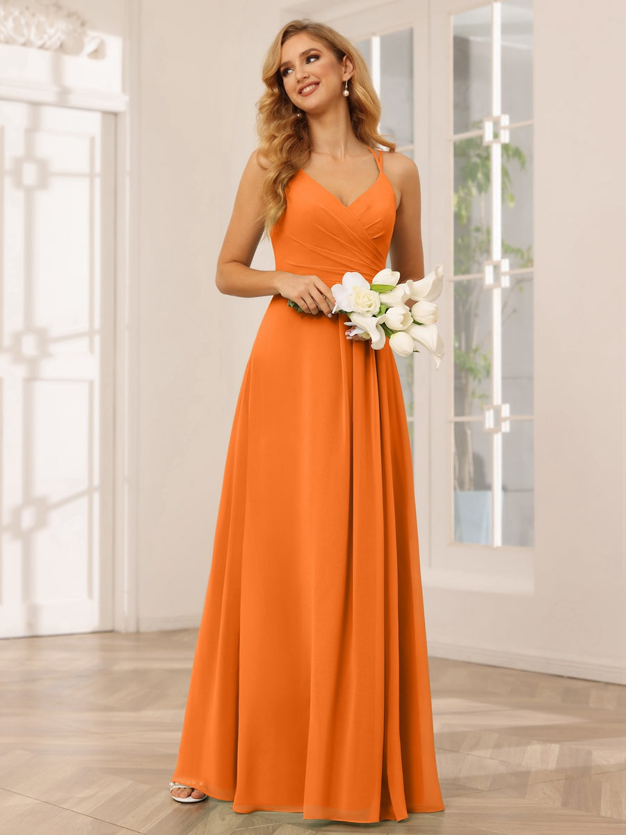 A-Line/Princess V-Neck Sleeveless Floor-Length Bridesmaid Dresses with Ruffles