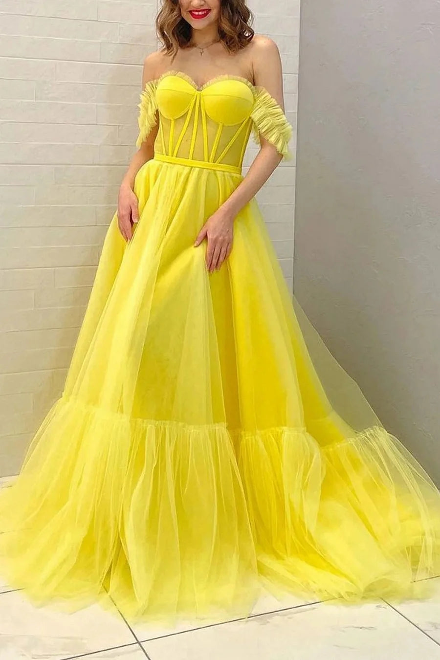 Lexie | A Line Off the Shoulder Yellow Corset Prom Dress