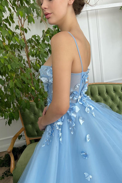 Edgynewlook Baby Blue Sweetheart Flowers Appliques Spaghetti Strap Prom Dress Side Split