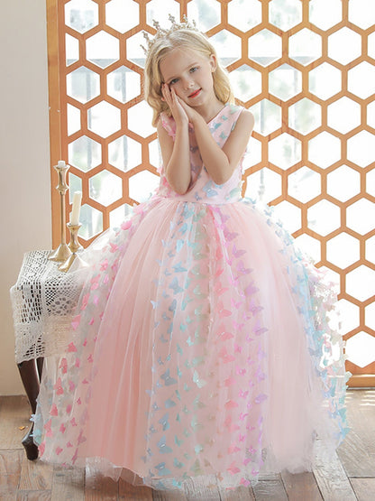 Ball Gown Scoop Neck Sleeveless Floor-Length Flower Girl Dress with 3D Butterfly