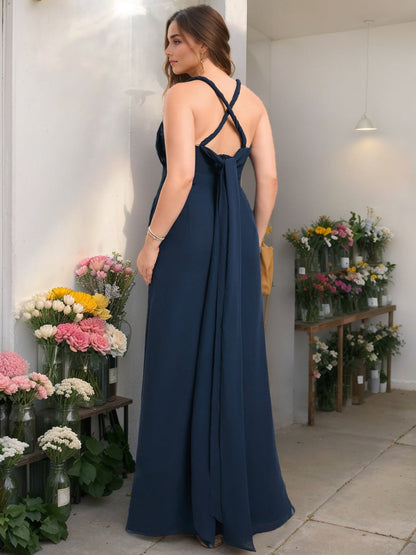 A-Line/Princess V-Neck Sleeveless Floor-Length Chiffon Plus Size Bridesmaid Dresses with Split Side