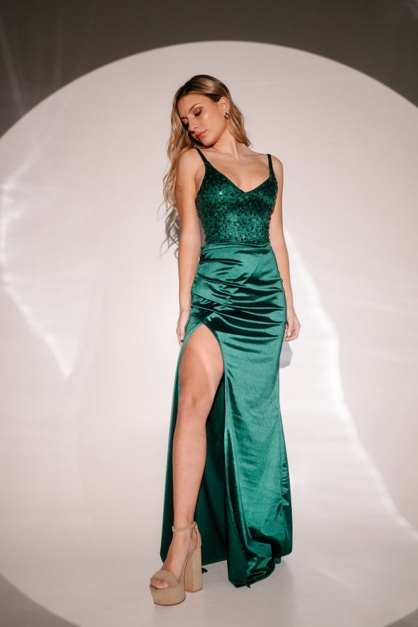 Ink Green Sequins Split Lace-up Prom Dress ZT0297