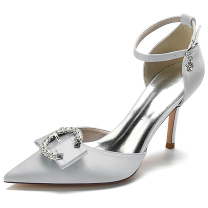 Women's Wedding Shoes High Heel Pointed Toe Buckle Bridal Shoes with Rhinestones & Knot