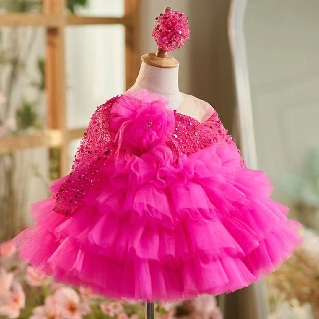 Ball Gown Long Sleeves Knee-Length Layered Baby Girl Party Dress with Flower & Feathers