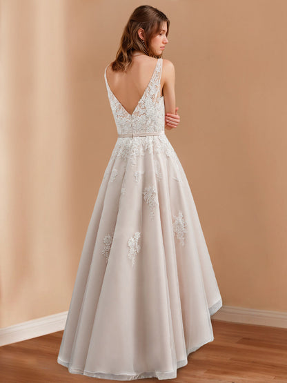 A-Line/Princess V-Neck Sleeveless Asymmetrical  Wedding Dress With Appliques