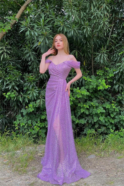 edgynewlook Glamorous Purple Sequins Off the Shoulder Spaghetti Strap Split Prom Dress with Beadings