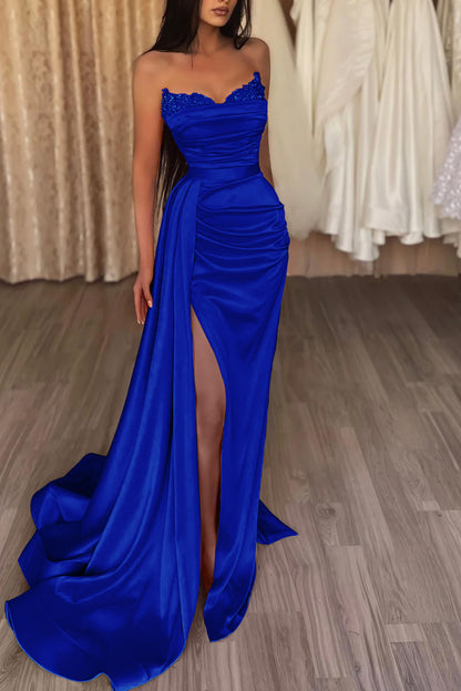 Orange Strapless Long Mermaid Prom Dress Split With Ruffles PD0857