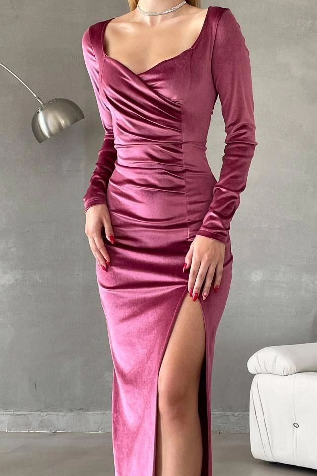 edgynewlook Stunning Regency Velvet Long Sleeves V Neck Long Prom Dress with High Split