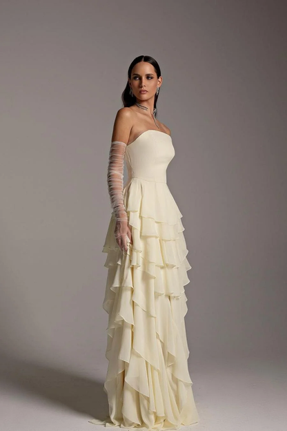 Chiffon Strapless Ruffles Elegant Prom Dress With Tulle Gloves ZT0612