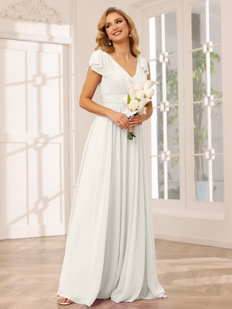 A-Line/Princess V-Neck Short Sleeves Long Bridesmaid Dresses with Ruffles