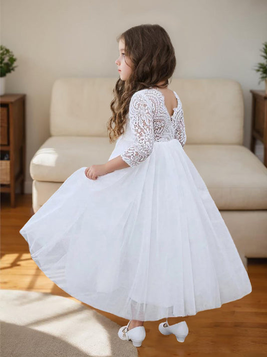 Girls Peony Lace Back A Line Tutu Tulle Party Flower Girl Dress