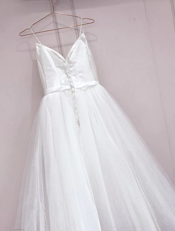 Simple White Tulle With Satin V-Neckline Tea Length Wedding Dress, Simple White Party Dress gh246