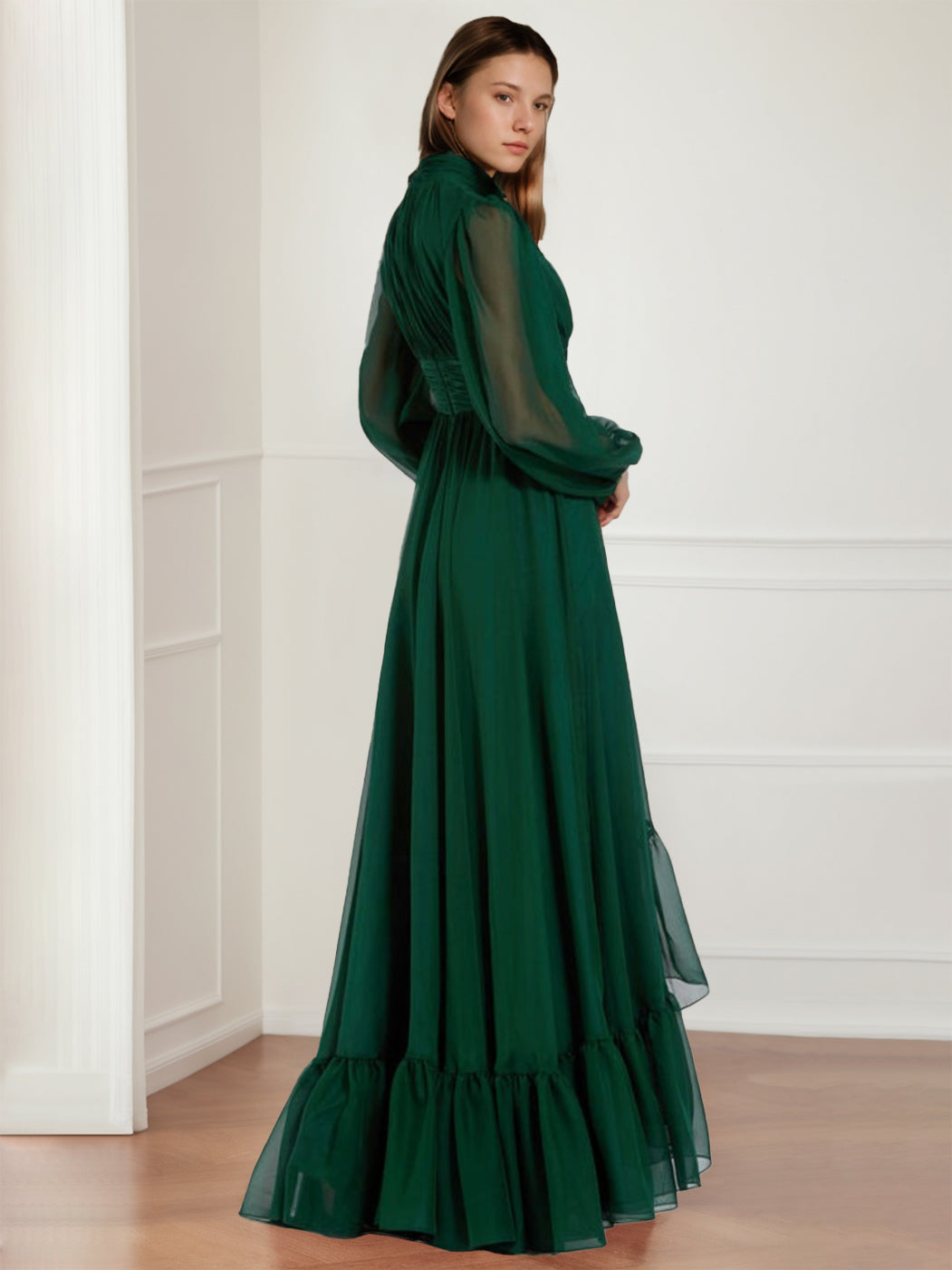 A-Line/Princess Jewel Neck Long Sleeves Asymmetrical Mother of the Bride Dresses with Flower & Ruffles