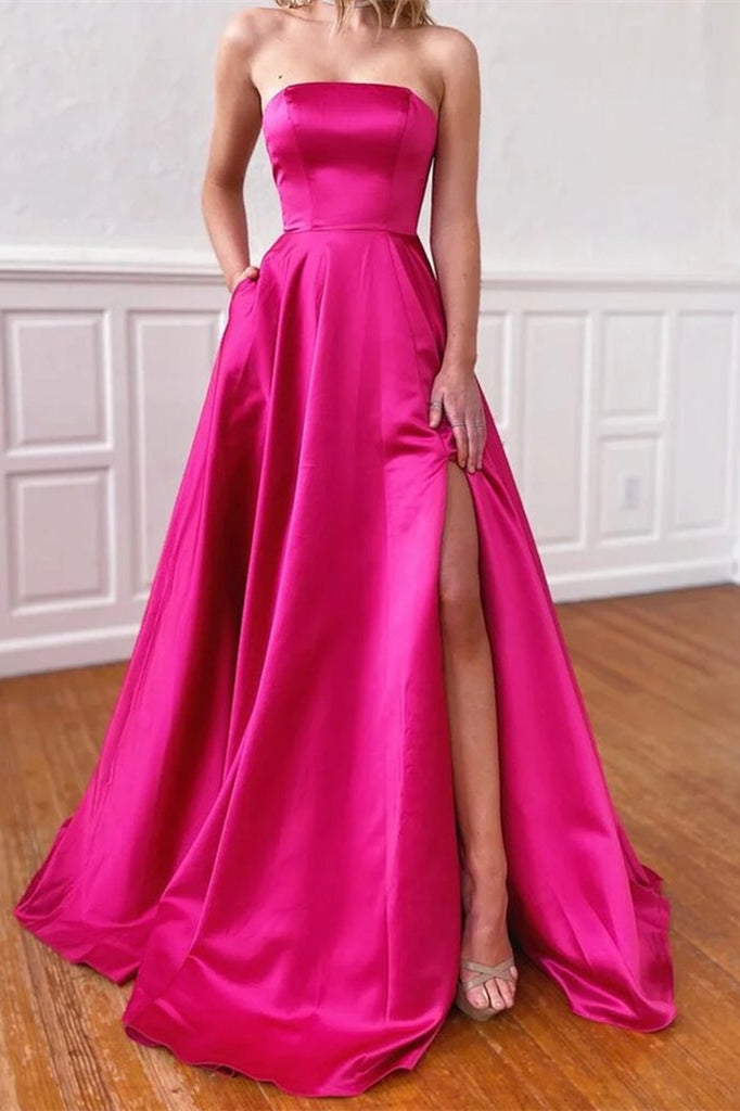 edgynewlook Fuchsia Strapless Prom Dress With Pockets Side Split