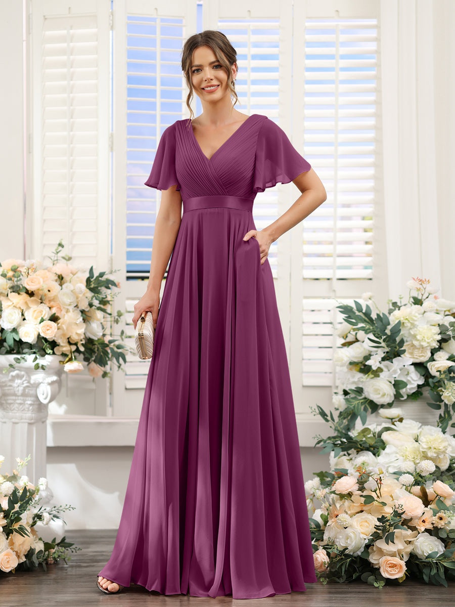 A-Line/Princess V-Neck Short Sleeves Chiffon Bridesmaid Dresses with Pockets