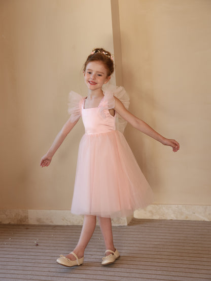 Ball-Gown Satin Tulle Square Neckline Sleeveless Tea-Length Flower Girl Dresses White Ruched