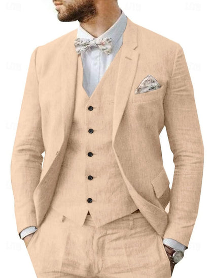 Men's Linen Tailored Fit Single Breasted Two-buttons 3 Pieces Wedding Suits