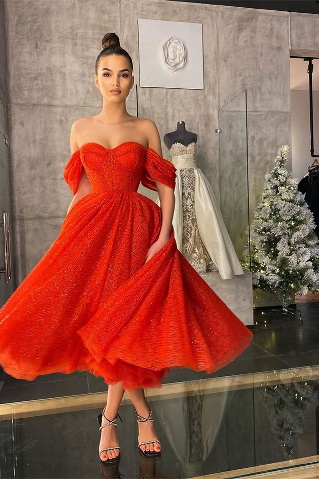 Off-the-Shoulder Red Sequins Prom Dress PD0529