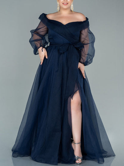 A-Line/Princess Off-the-shoulder Puff Long Sleeves Floor Length Evening Dresses with Slit