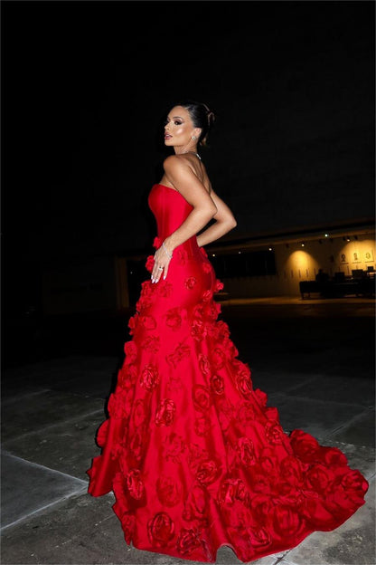 edgynewlook Stunning Red Satin Sleeveless Strapless Long Mermaid Prom Dress with Flower