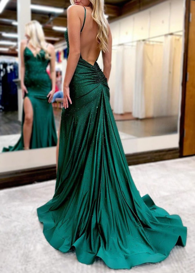 Royal Blue Beaded V Neck Mermaid Long Prom Dresses with Slit