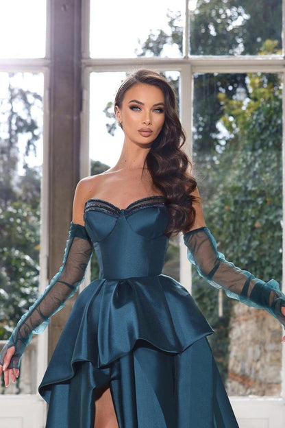 Glamorous Half Sleeves Ink Blue Prom Dress Strapless With High Slit Gown YL0287