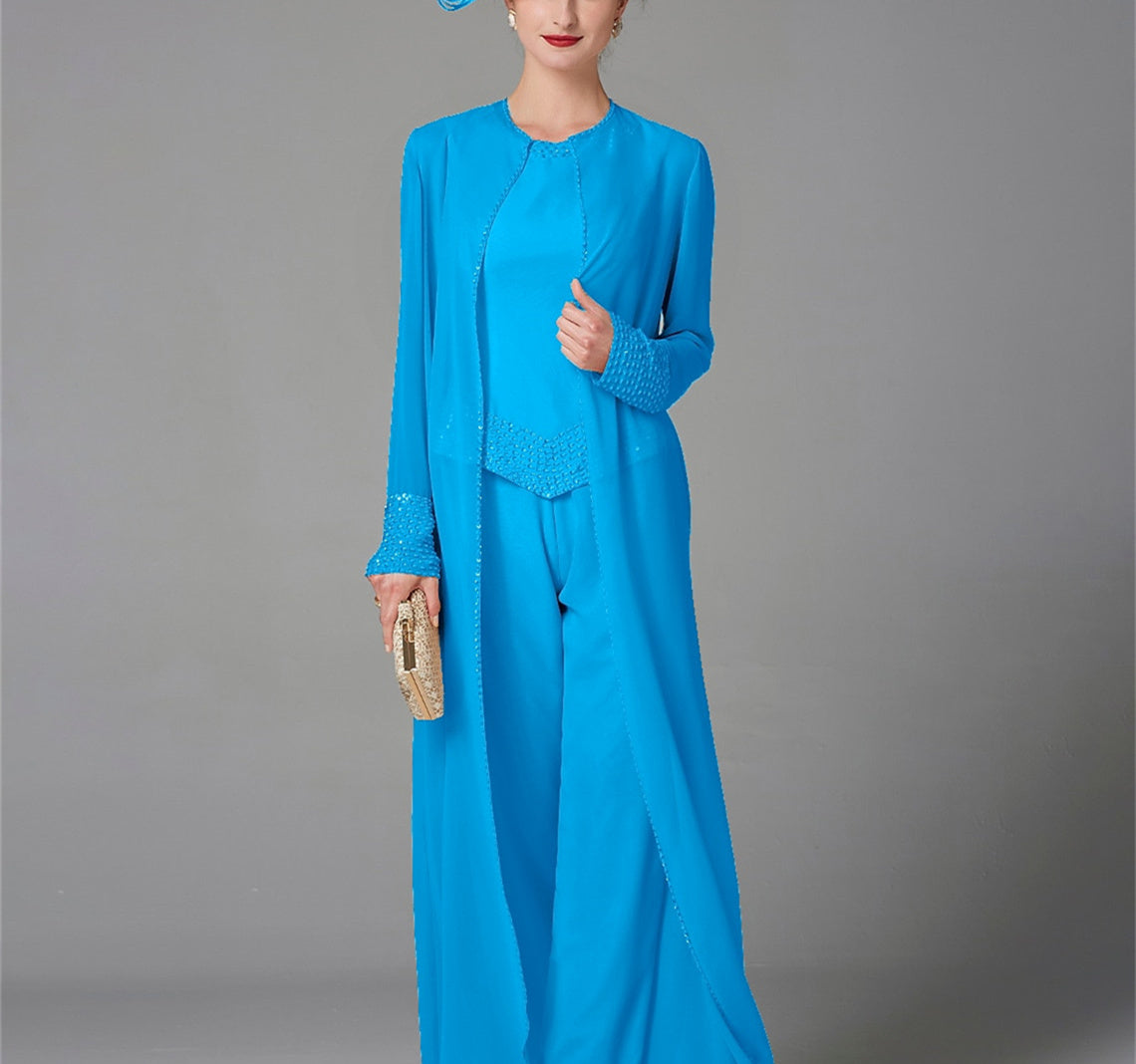 Chiffon Long Sleeves Mother of the Bride Pantsuits with Jacket & Sequins