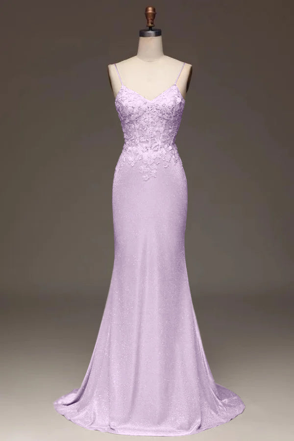 Elegant Pink Spaghetti Straps Embroidery Prom Dress Shining Mermaid Dress YX0045