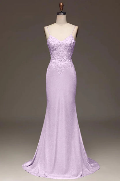 Elegant Pink Spaghetti Straps Embroidery Prom Dress Shining Mermaid Dress YX0045