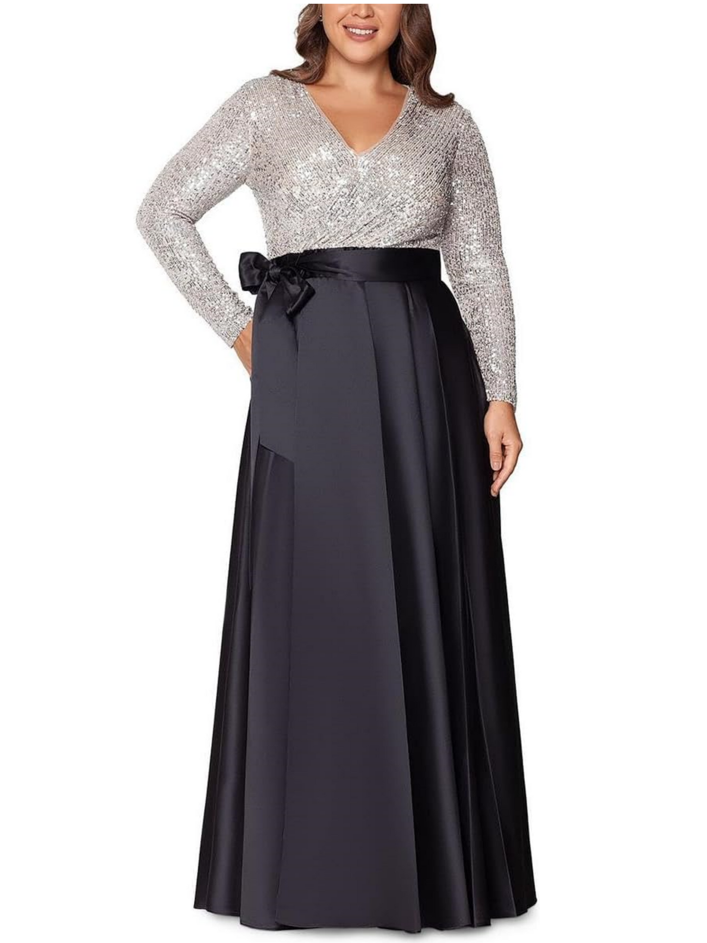 A-Line/Princess V-Neck Long Sleeves Floor-Length Mother of the Bride Dresses With Pocket & Sequins