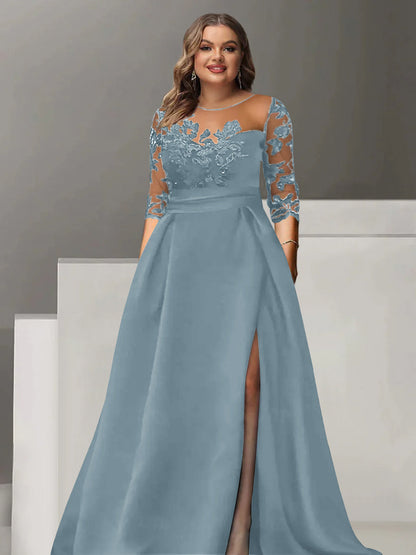 A-Line/Princess Sweetheart 3/4 Sleeves Floor-Length Plus Size Mother Of The Bride Dresses With Lace & Split Side