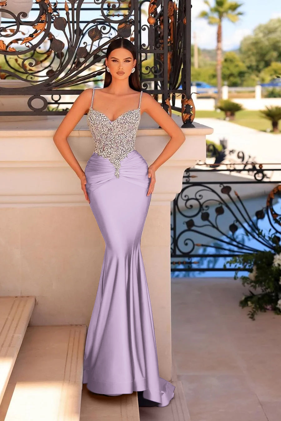 Spaghetti-Straps Purple Beaded Long Mermaid Prom Dress ZT0241