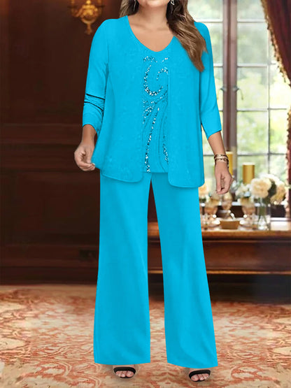 Chiffon V-Neck Floor-Length 3 Pieces Plus Size Mother of the Bride Pantsuits with Jacket & Sequins